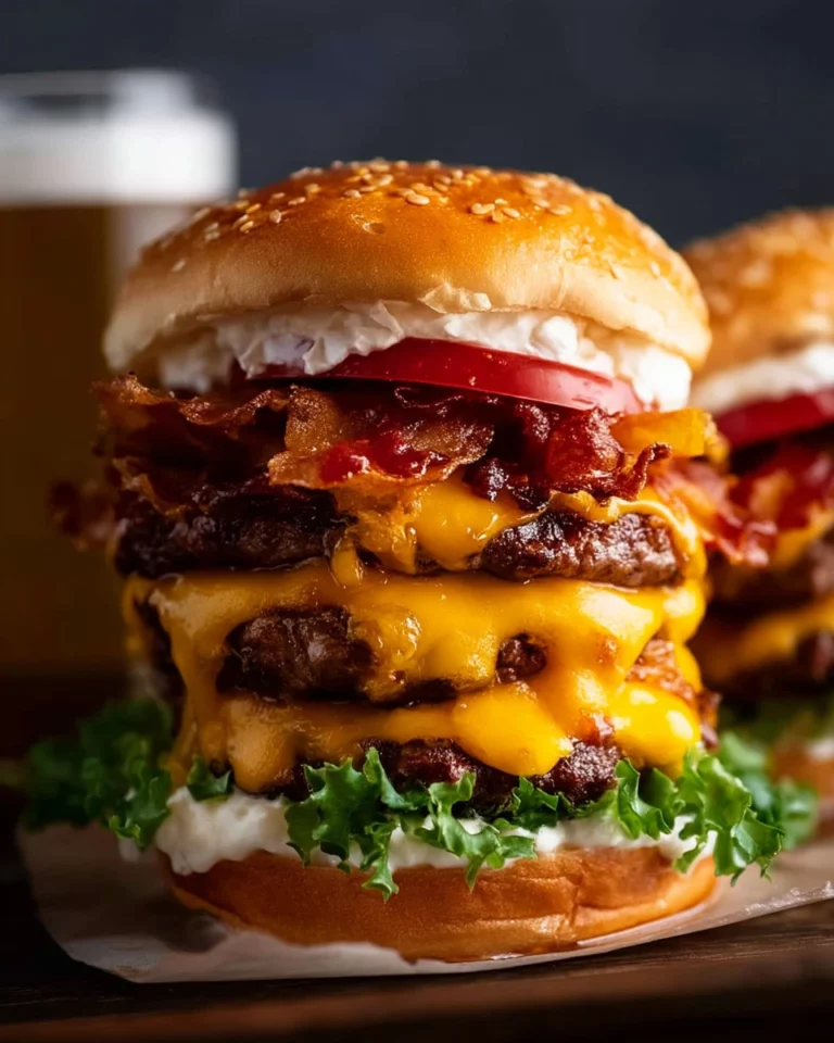 Delicious ultimate cheeseburgers topped with lettuce and tomatoes on a grill.