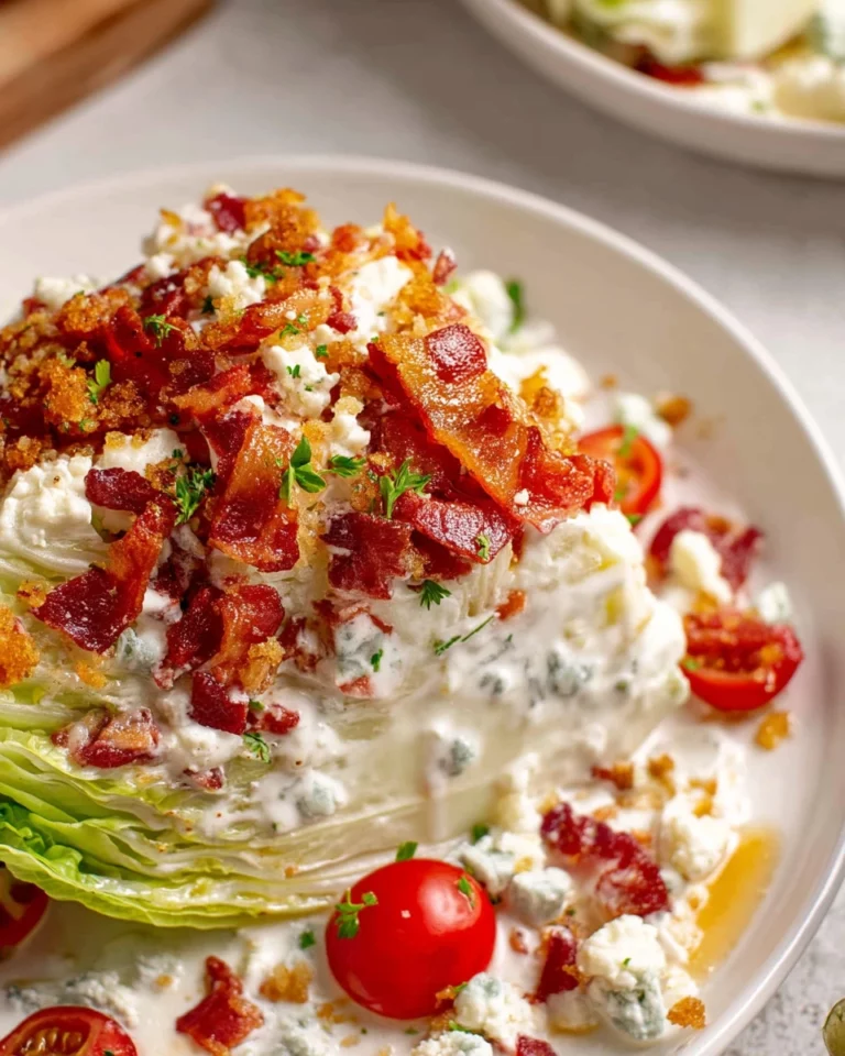 Delicious Wedge Salad with bacon, blue cheese, and fresh veggies