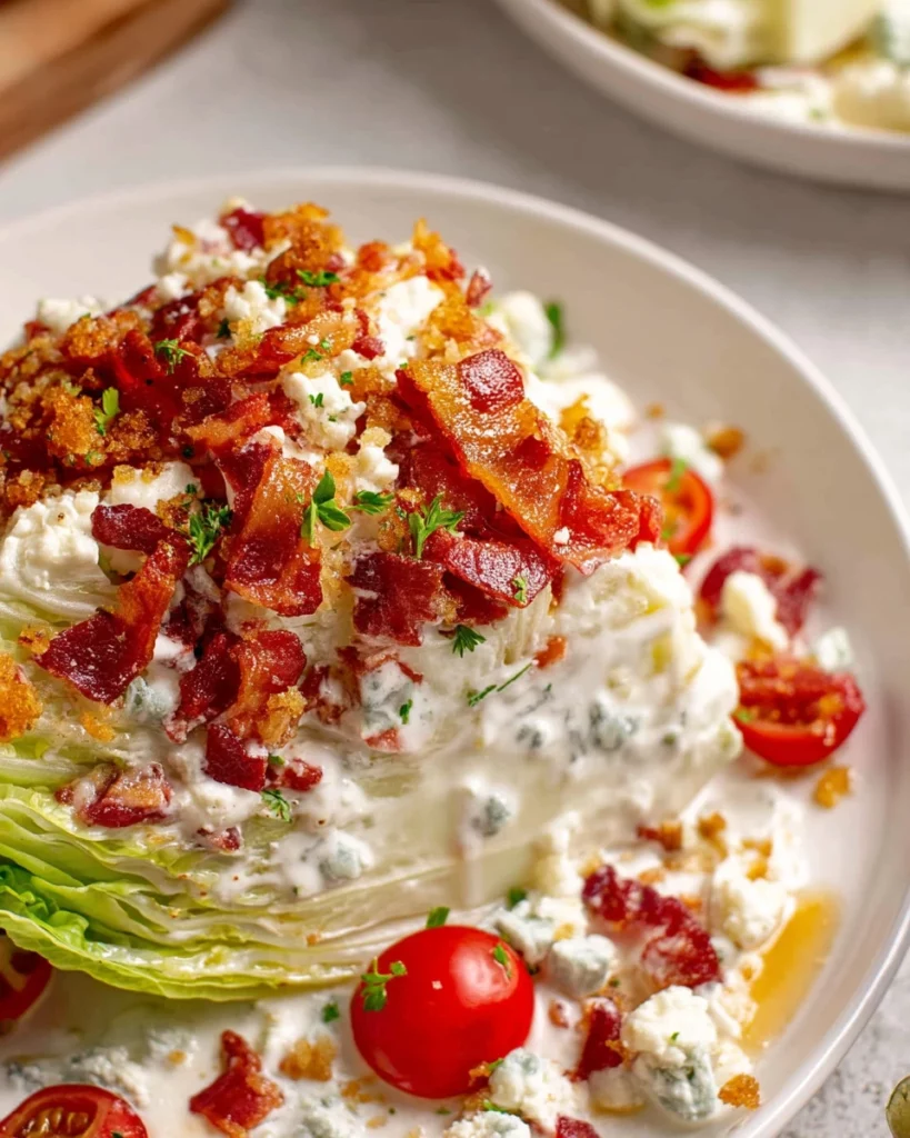 Delicious Wedge Salad with bacon, blue cheese, and fresh veggies