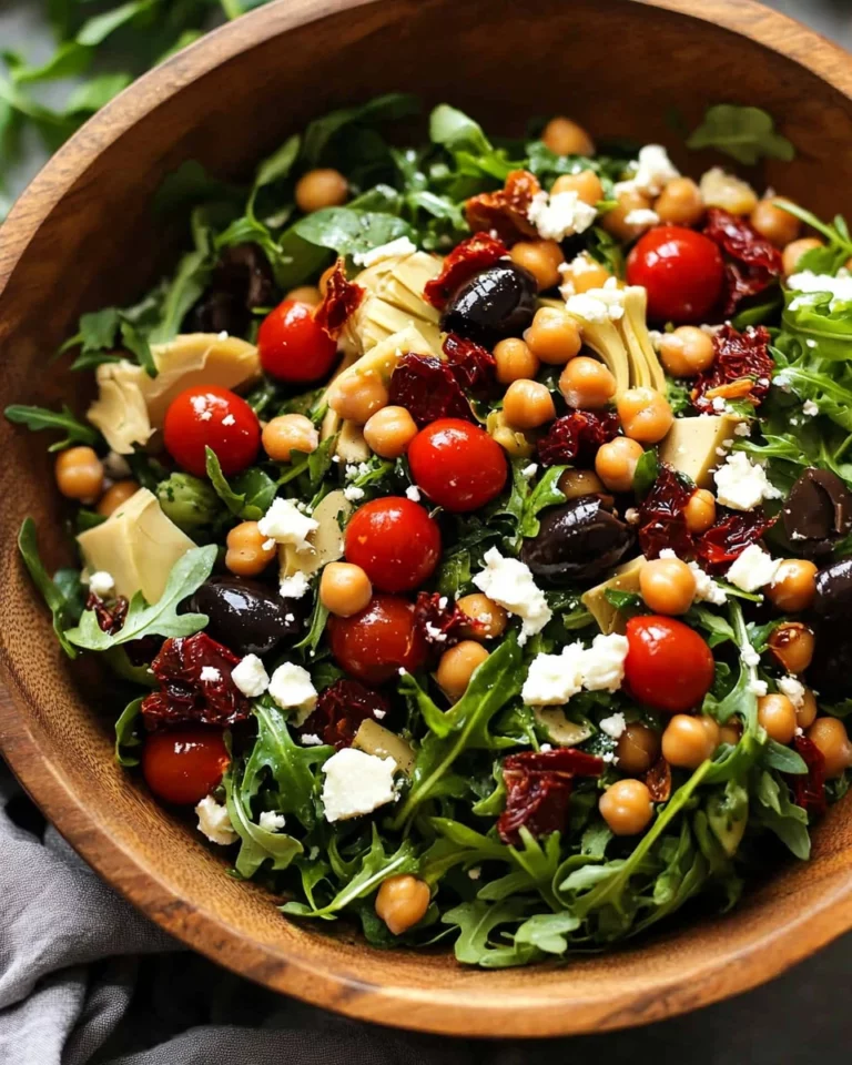 Zesty Antipasto Chickpea Salad with vibrant vegetables and chickpeas.
