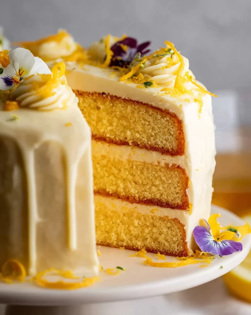 Zesty lemon cake with fluffy frosting on a decorative plate.
