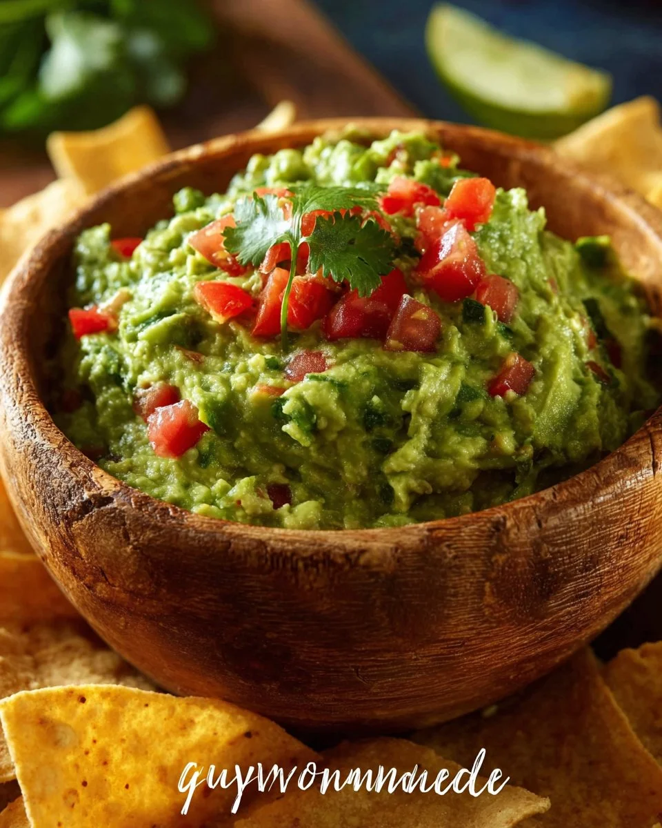 Bowl of homemade 4-ingredient guacamole with fresh cilantro and lime.