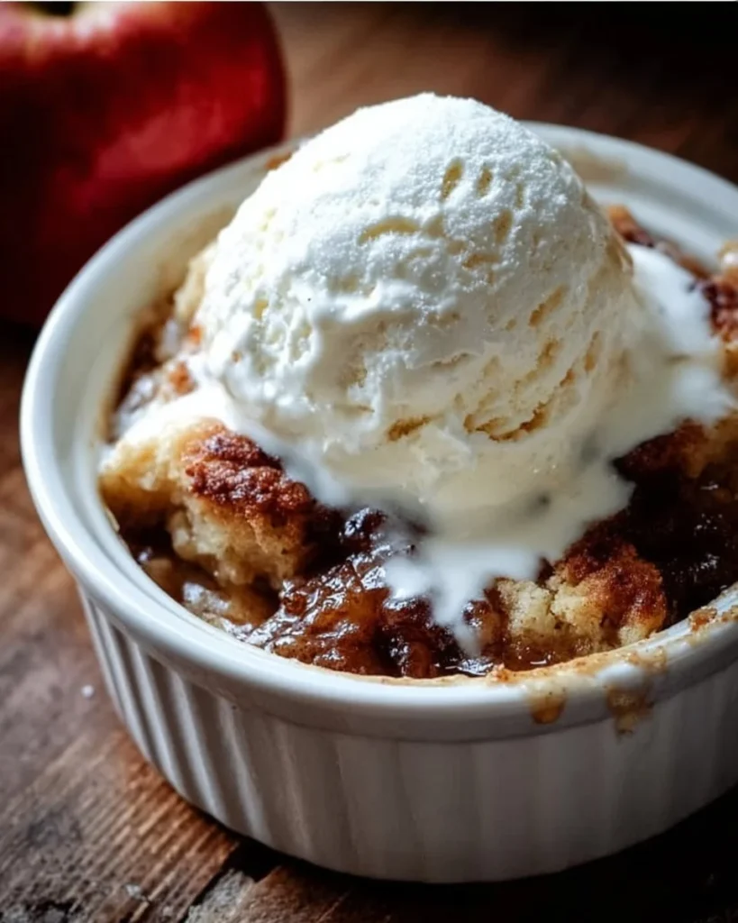 Delicious Apple Cinnamon Cobbler topped with cinnamon and served warm.