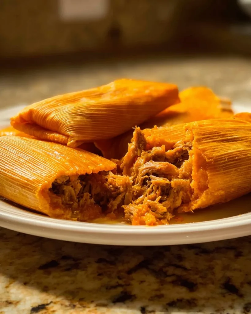 Authentic Mexican red chile tamales served on a plate