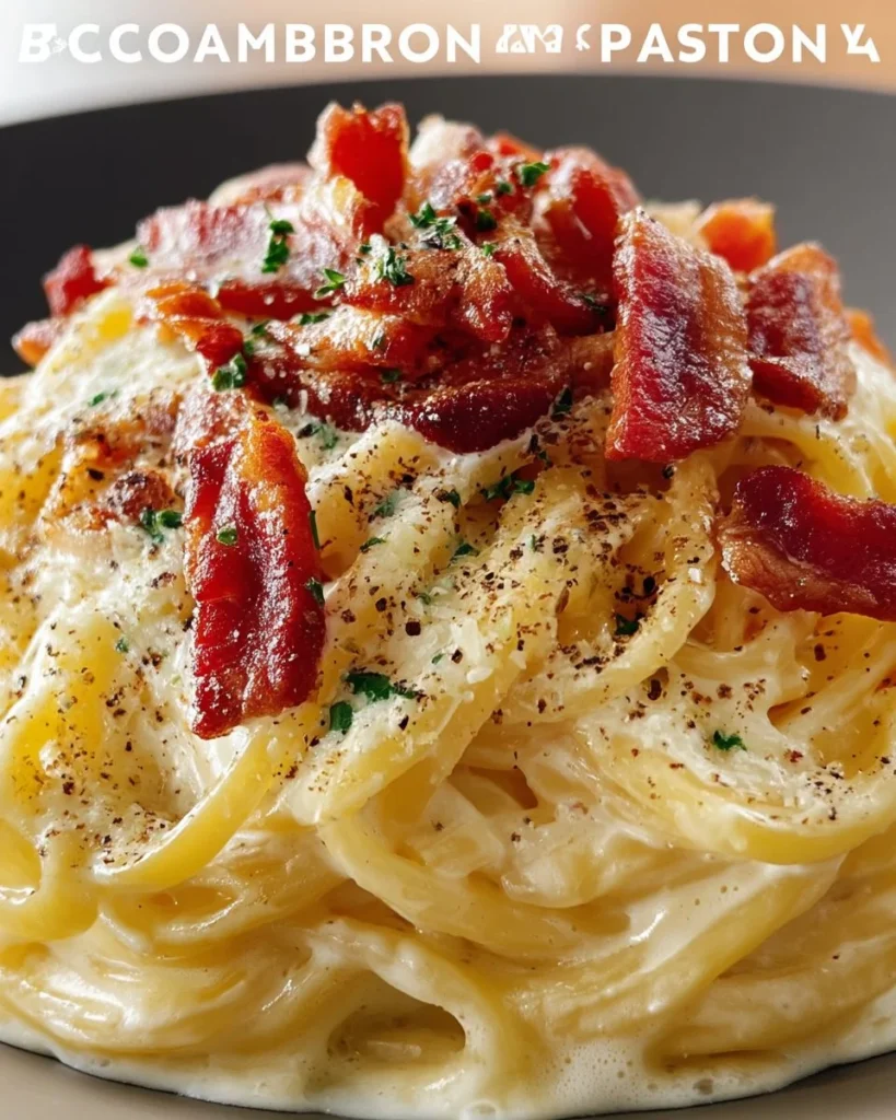 Delicious Bacon Carbonara Pasta served in a bowl with herbs and grated cheese