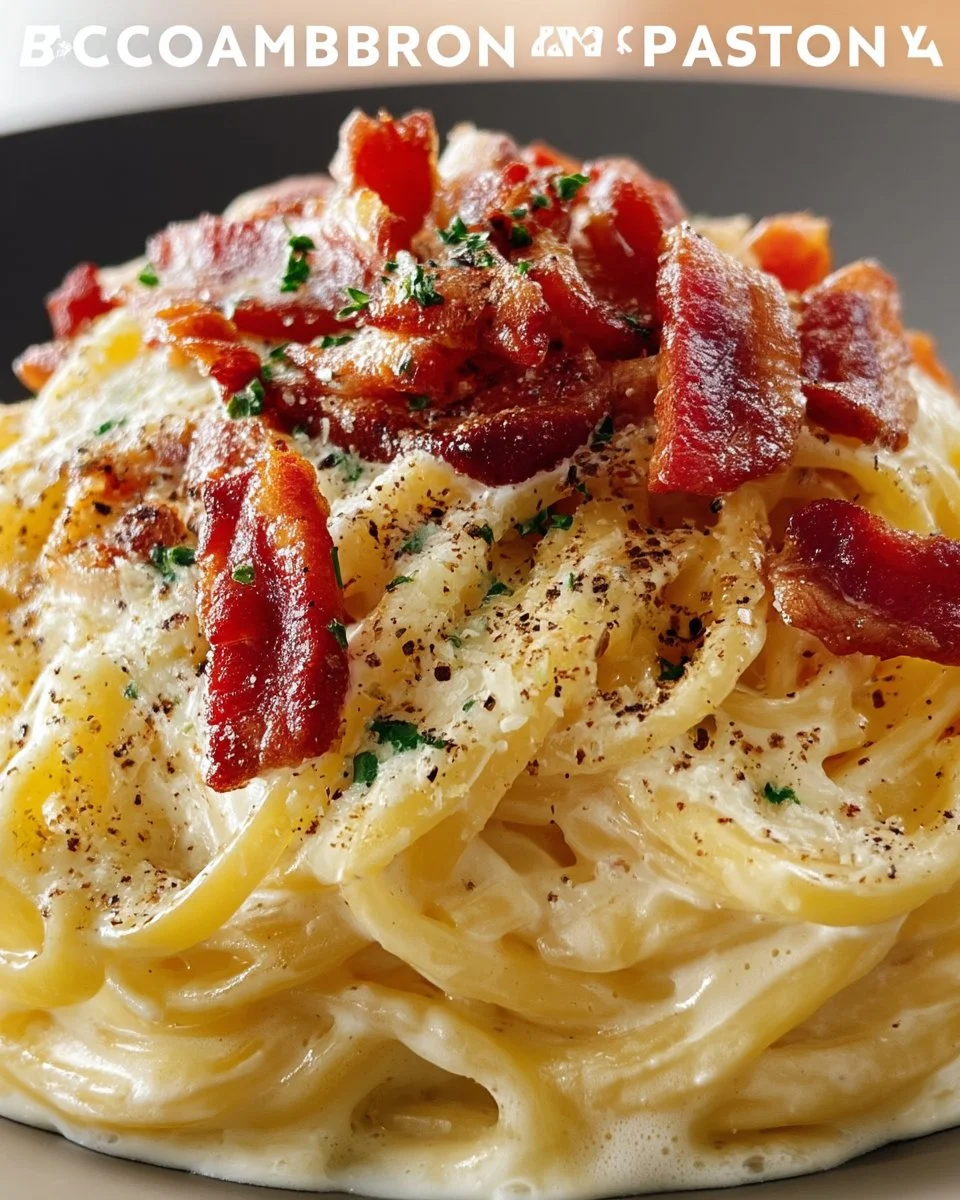 Delicious Bacon Carbonara Pasta served in a bowl with herbs and grated cheese