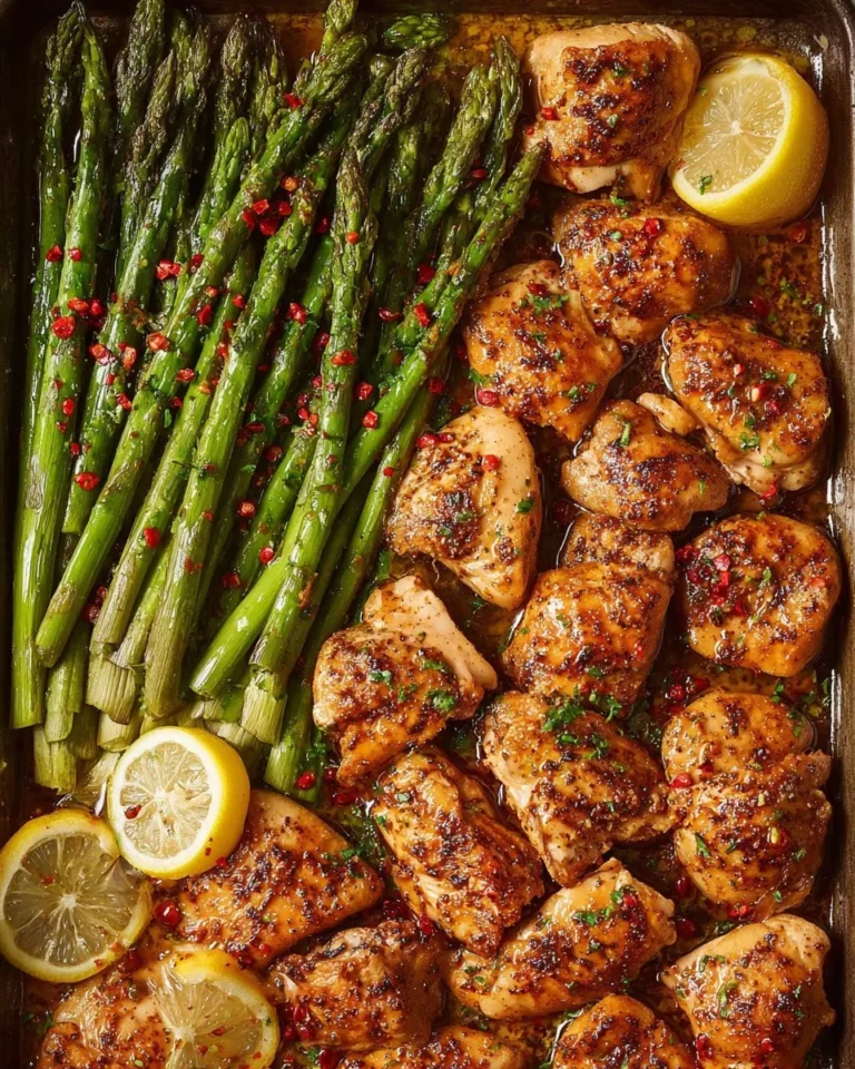 Baked chicken bites served with fresh asparagus on a plate