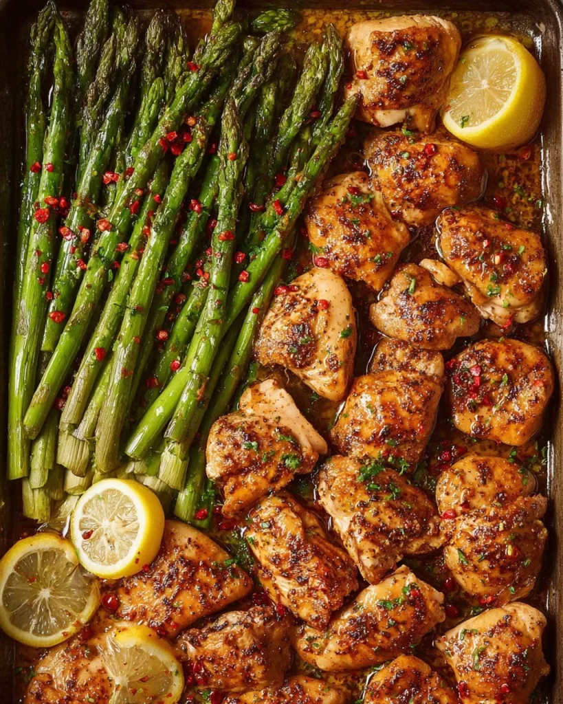 Baked chicken bites served with fresh asparagus on a plate