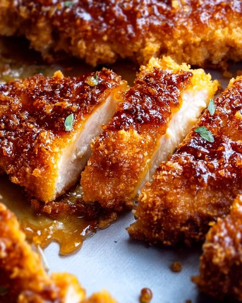 Plate of baked crunchy hot honey chicken with crispy coating and drizzle of hot honey