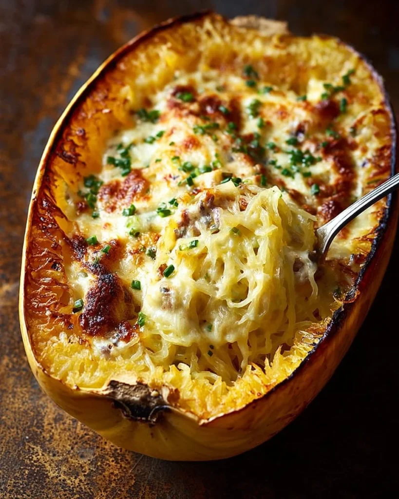 Baked Four Cheese Garlic Spaghetti Squash served in a dish