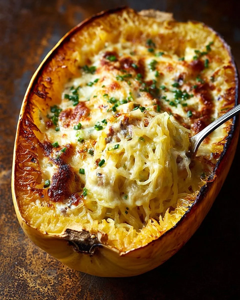 Baked Four Cheese Garlic Spaghetti Squash served in a dish