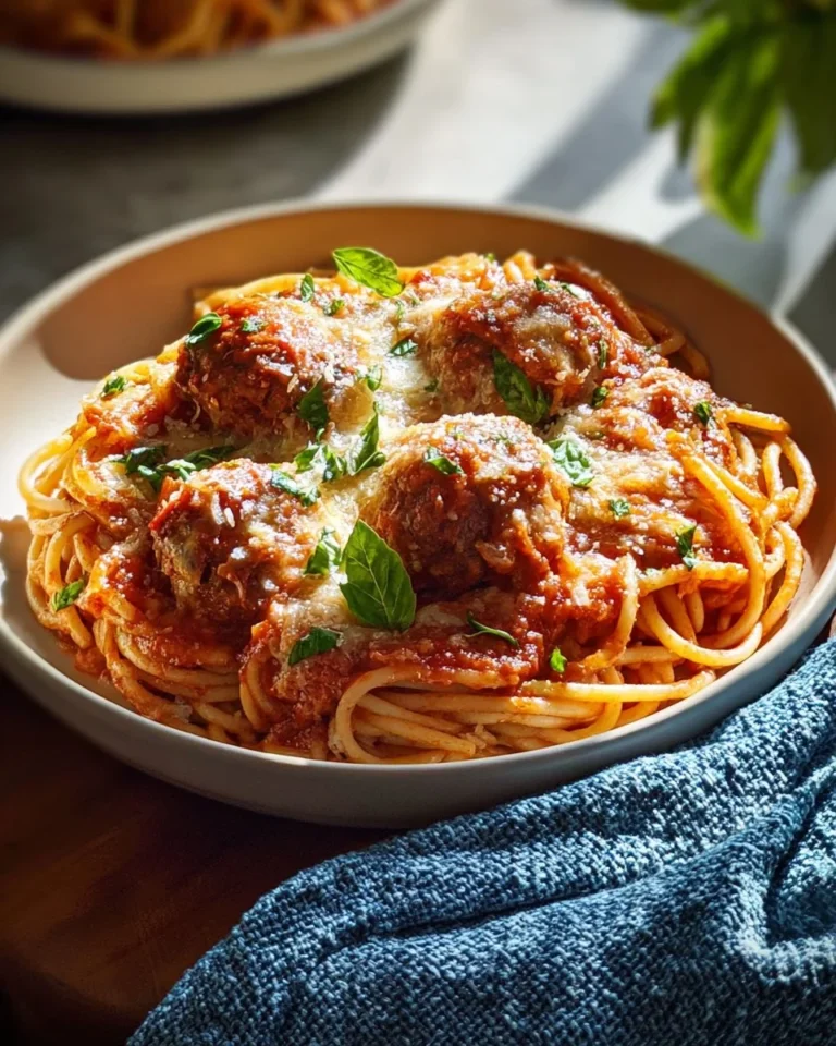 Baked spaghetti and meatballs served in a dish, garnished with herbs.