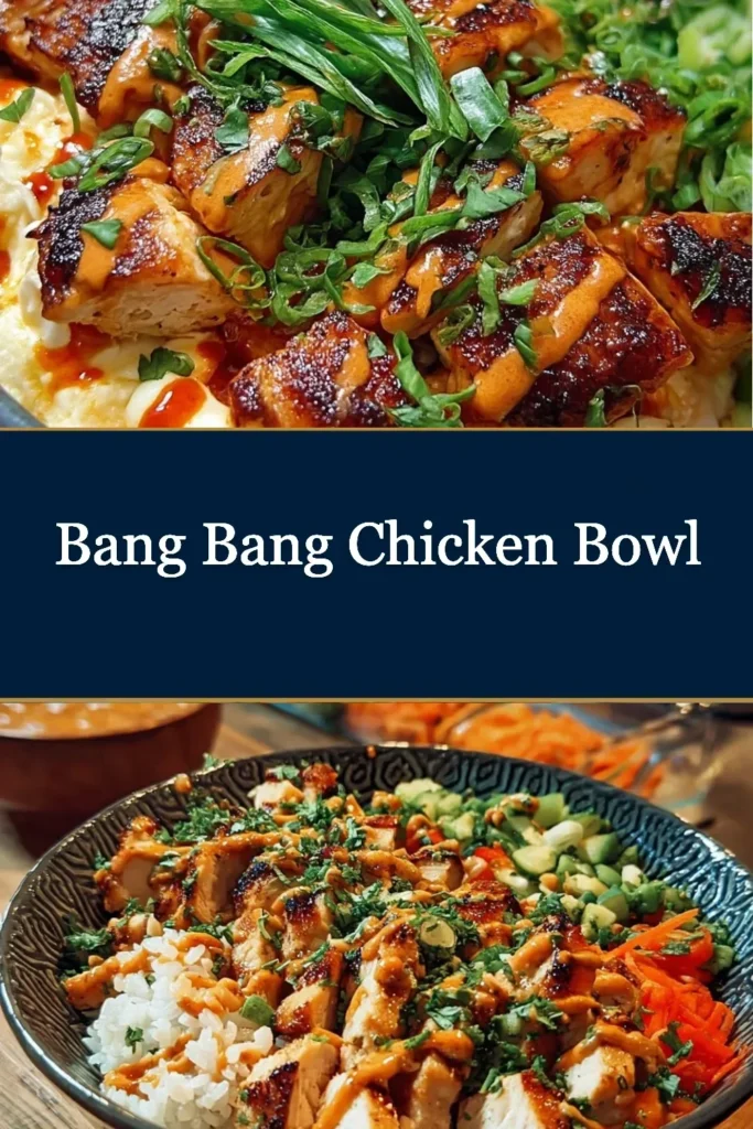 Bang Bang Chicken Bowl topped with spicy sauce and fresh vegetables