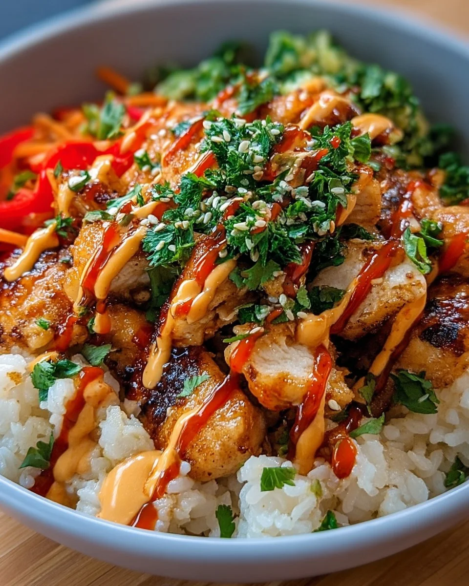 Bang Bang Chicken Bowl garnished with fresh herbs and chili sauce