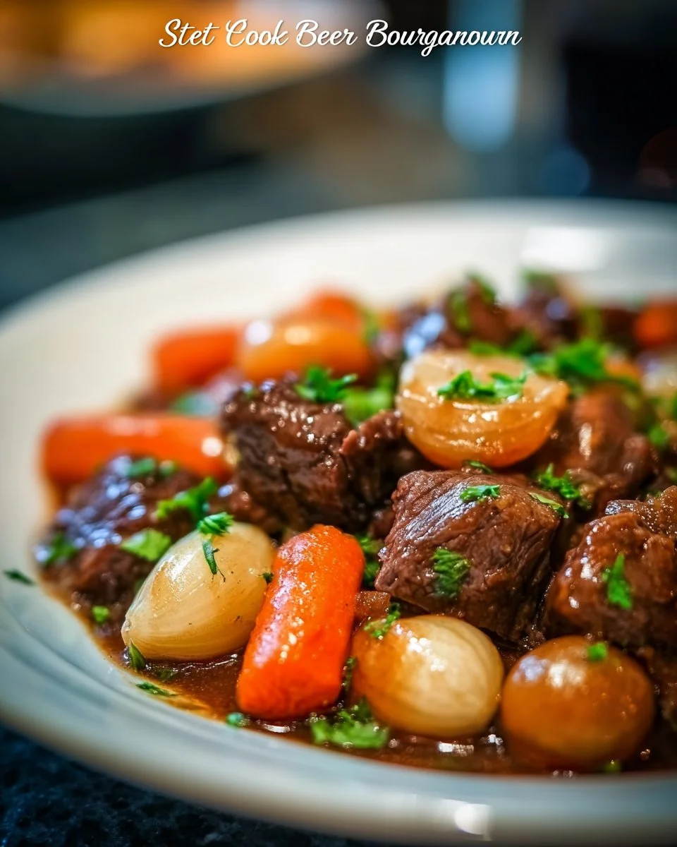 Delicious Beef Bourguignon served with fresh herbs and crusty bread