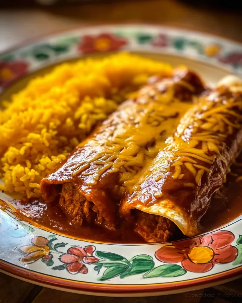 Delicious beef enchiladas topped with extra melted cheese served on a plate