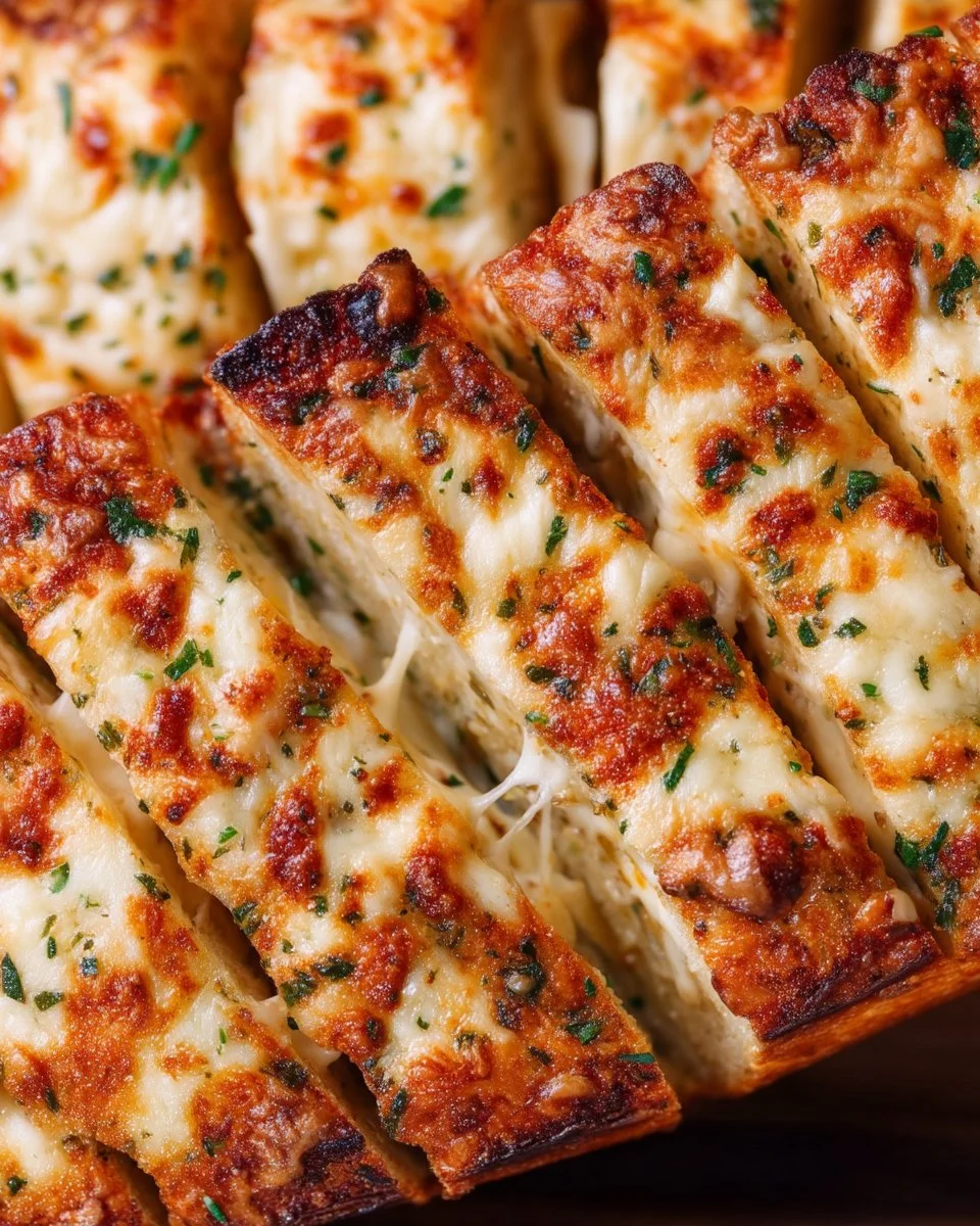 Delicious cheesy garlic bread topped with parsley and melted cheese