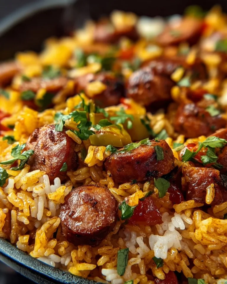 Cajun Sausage and Rice Skillet served with fresh herbs and spices