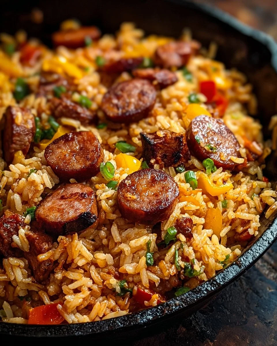 Cajun sausage and rice skillet dish garnished with herbs