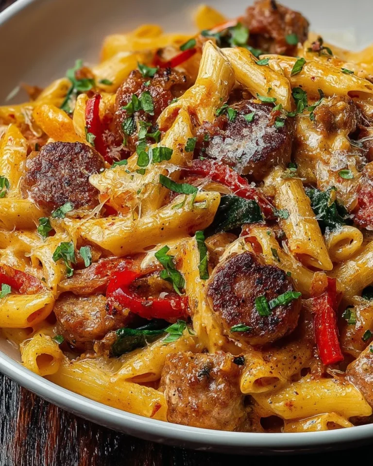 Delicious plate of Cajun Sausage Pasta topped with herbs and spices