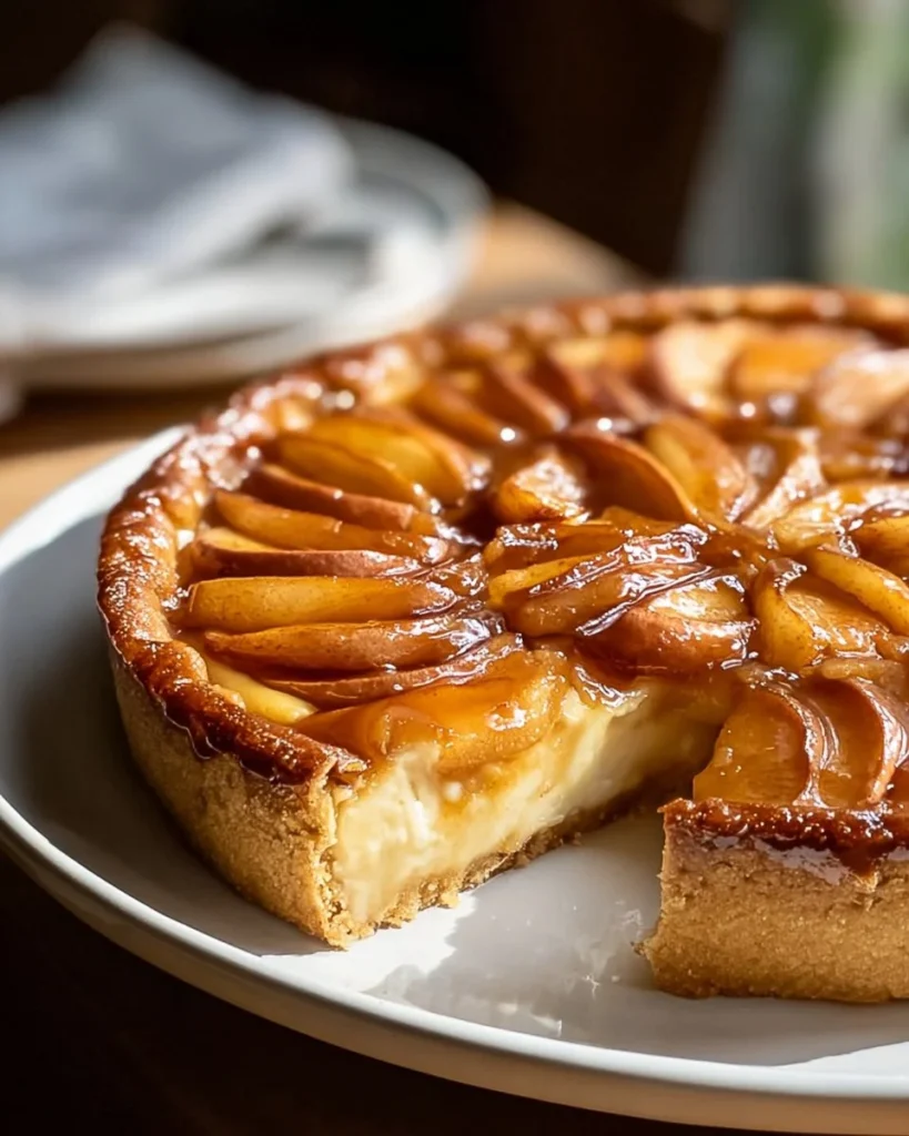Delicious caramel apple cheesecake topped with caramel drizzle and apple slices