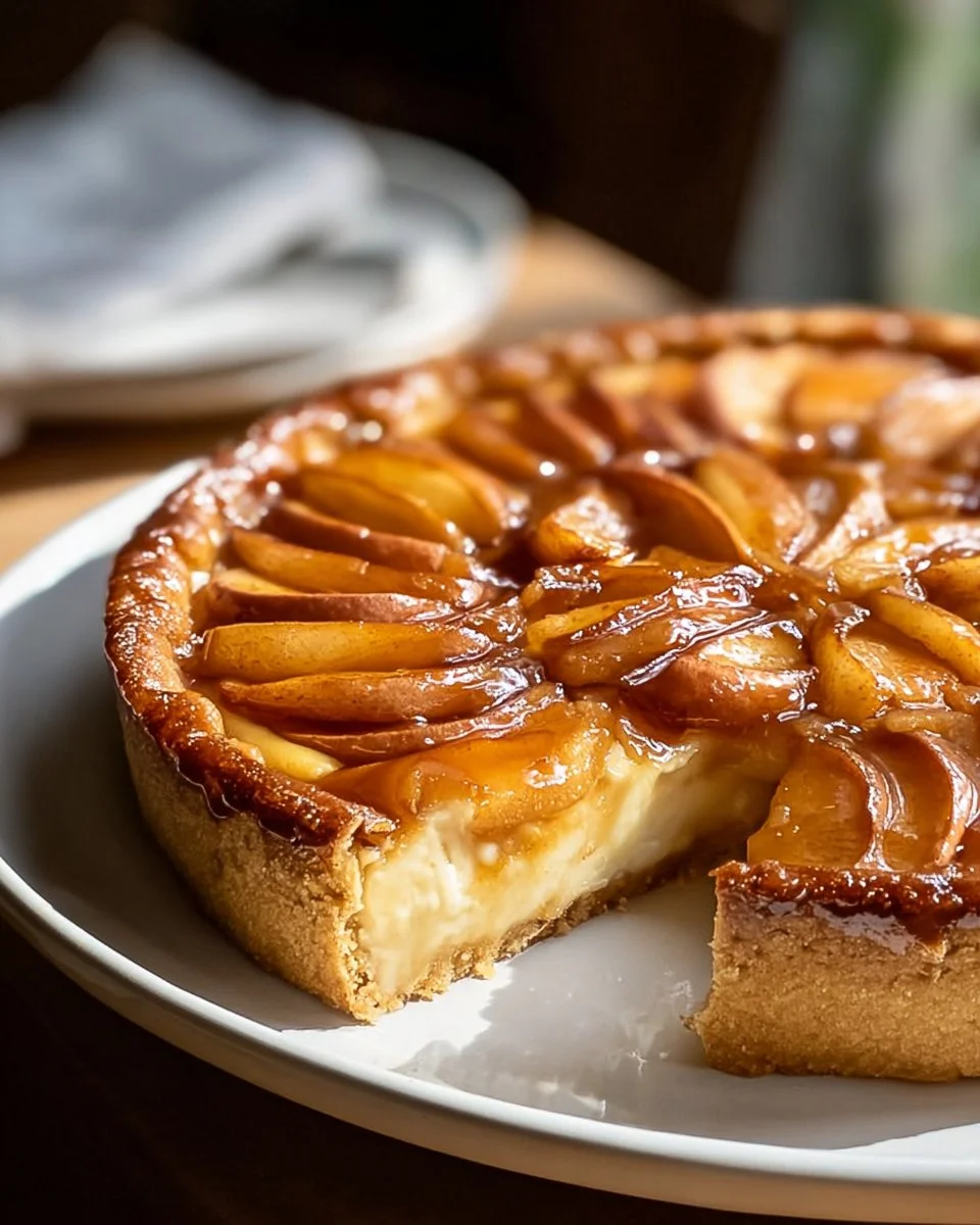 Delicious caramel apple cheesecake topped with caramel drizzle and apple slices