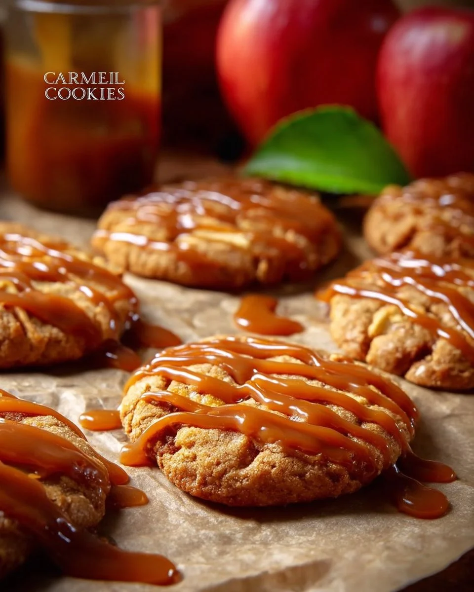 Delicious caramel apple cookies featuring apples and caramel drizzled on top