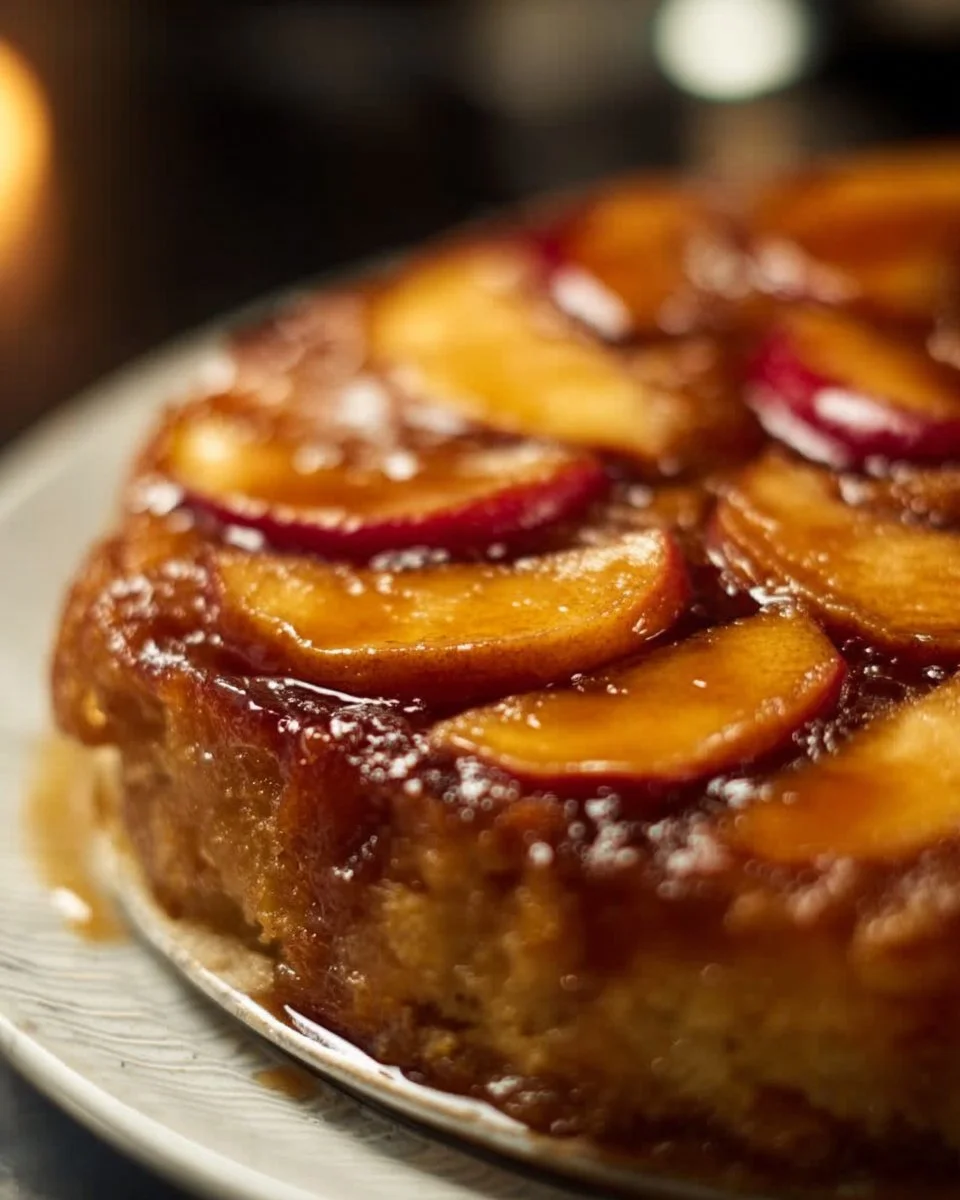 Slice of caramel apple upside down cake on a plate with caramel drizzle
