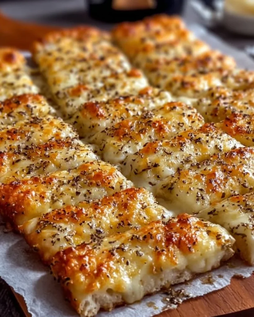 Cheesy garlic breadsticks served on a plate with herbs and melted cheese