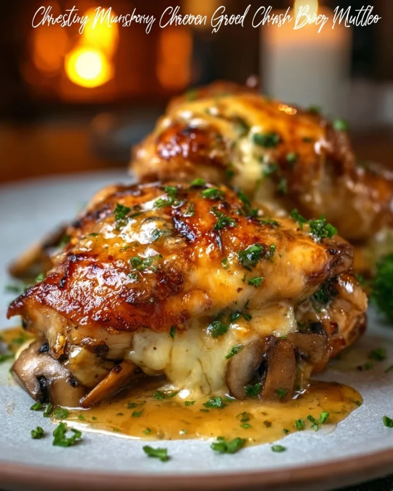 Cheesy garlic butter mushroom stuffed chicken served with herbs and spices