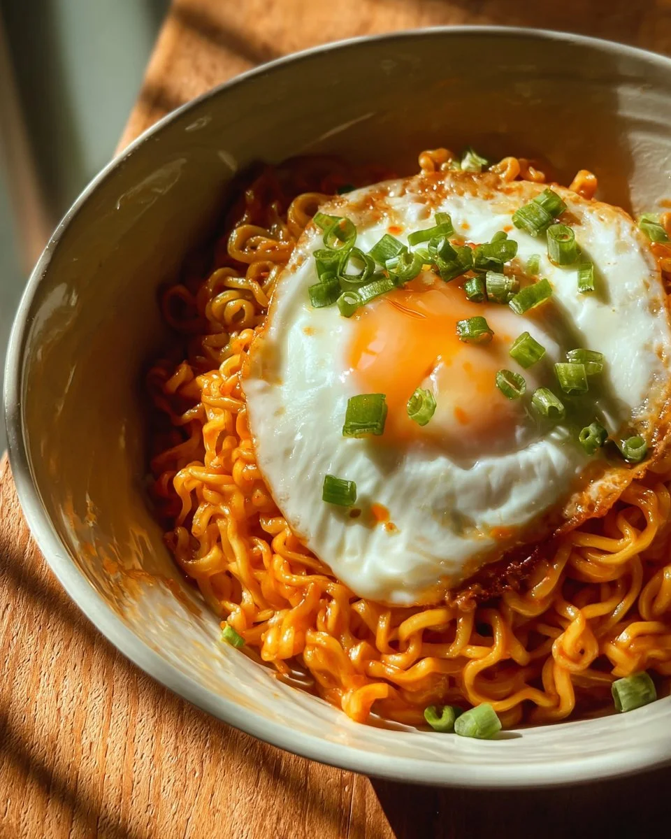 A bowl of cheesy Korean spicy ramen noodles topped with green onions and sesame seeds.