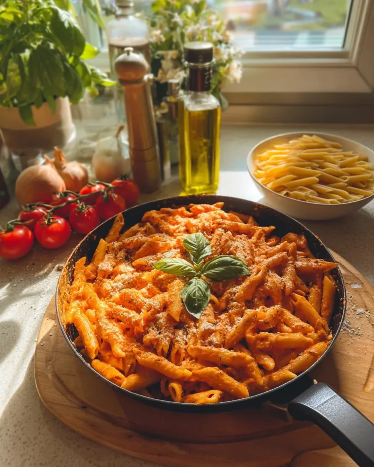 Creamy cheesy orange pasta served in a bowl with garnishes