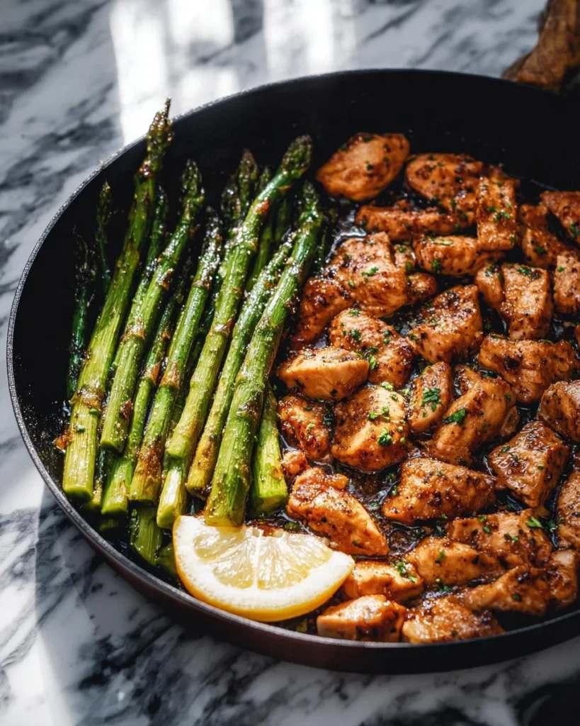 Delicious chicken bites served with lemon asparagus for a vibrant meal.