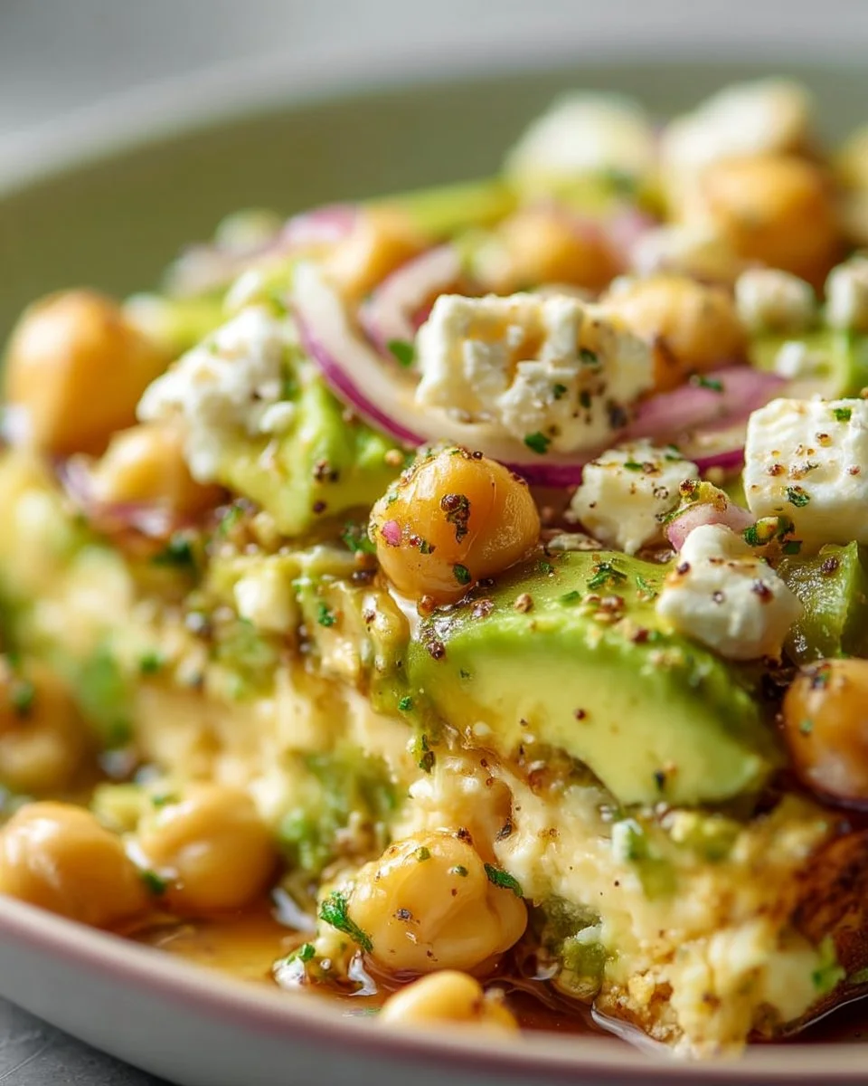 Colorful Chickpea Feta Avocado Salad with fresh vegetables and dressing