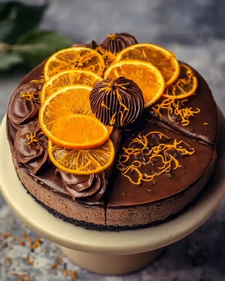 Chocolate orange cheesecake topped with orange slices and chocolate shavings