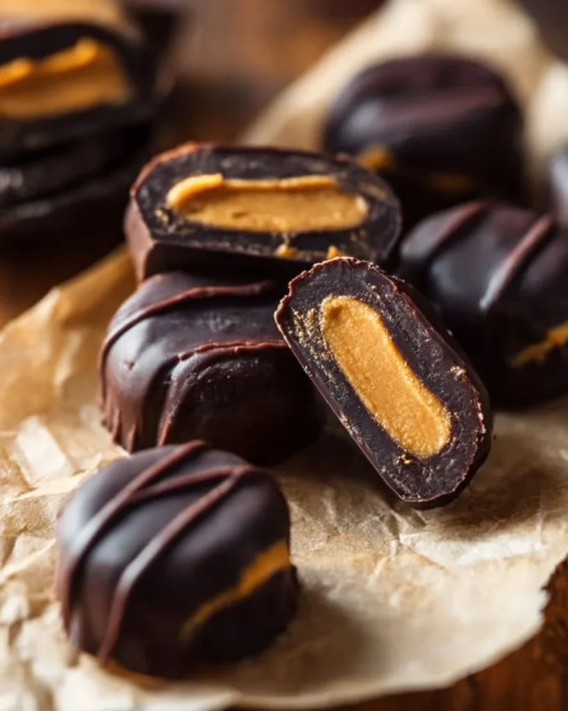Delicious homemade chocolate pumpkin butter cups on a wooden table.