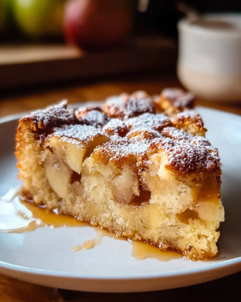 Slice of cinnamon apple cake with a dusting of sugar on a wooden table
