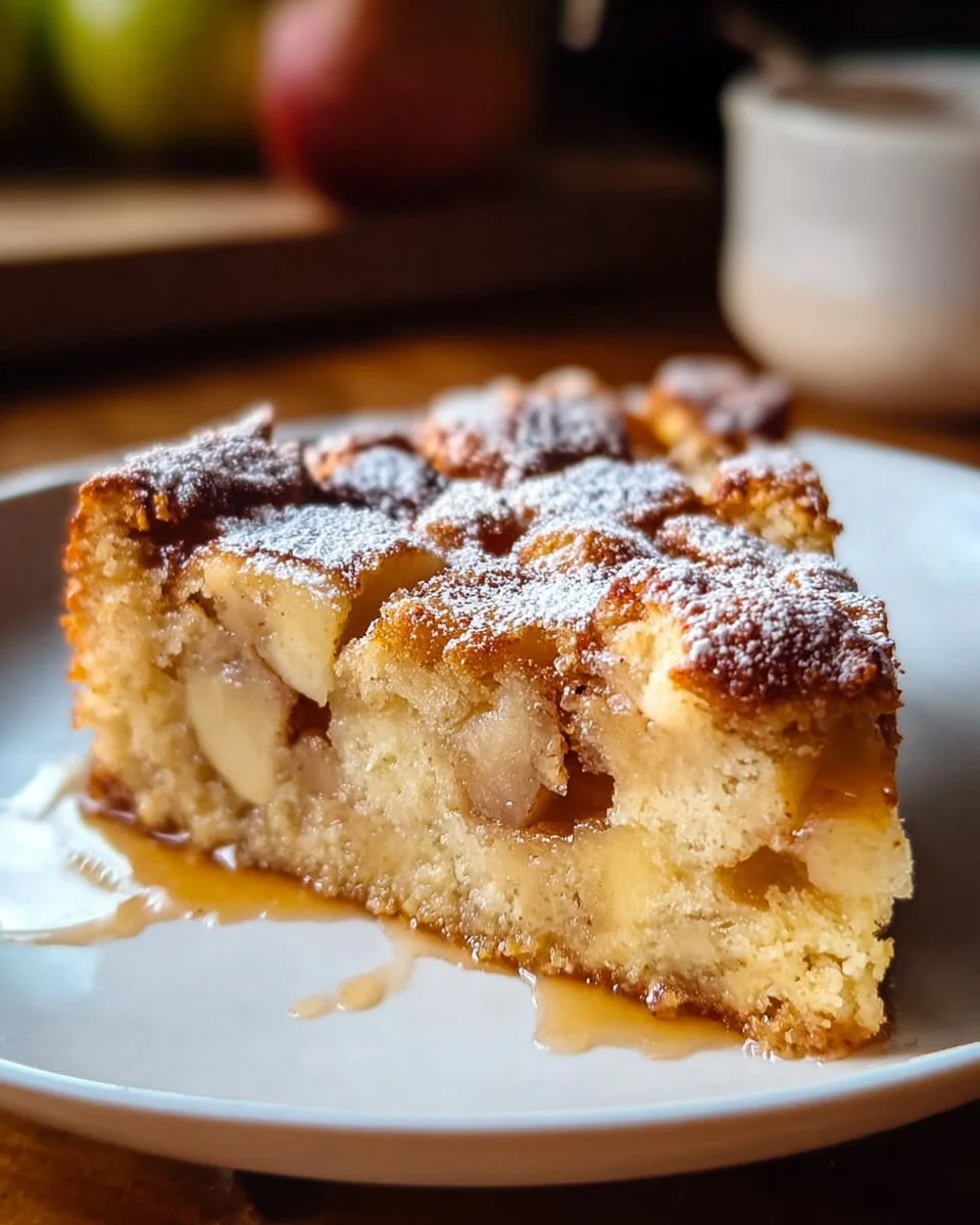 Slice of cinnamon apple cake with a dusting of sugar on a wooden table