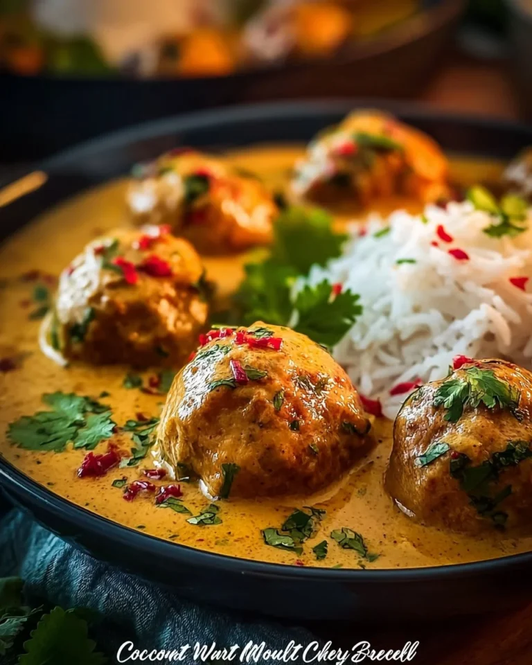 Coconut curry chicken meatballs served on a plate with herbs and spices.