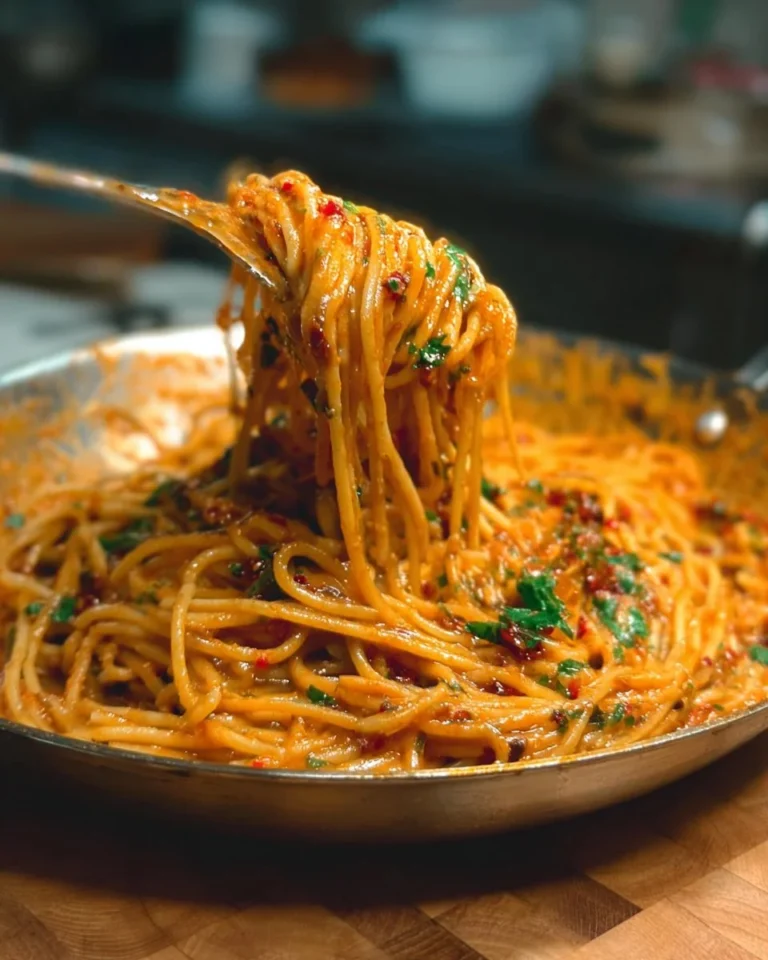 Creamy caramelized onion pasta served in a bowl with herbs