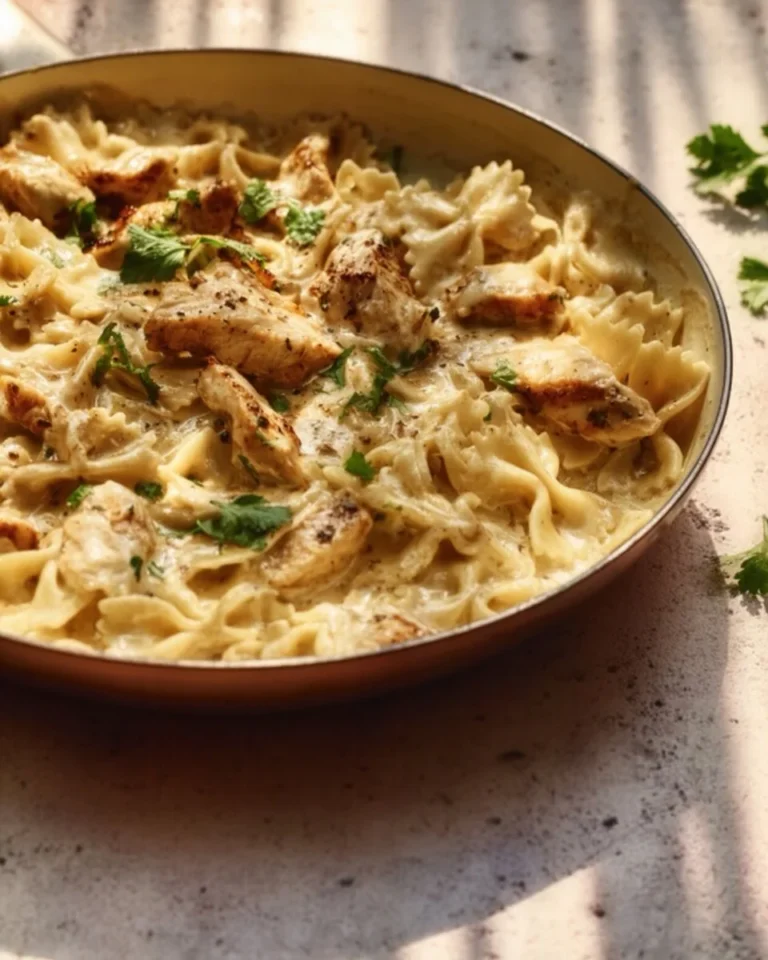 Creamy Chicken Garlic Parmesan Pasta dish garnished with herbs and parmesan cheese.