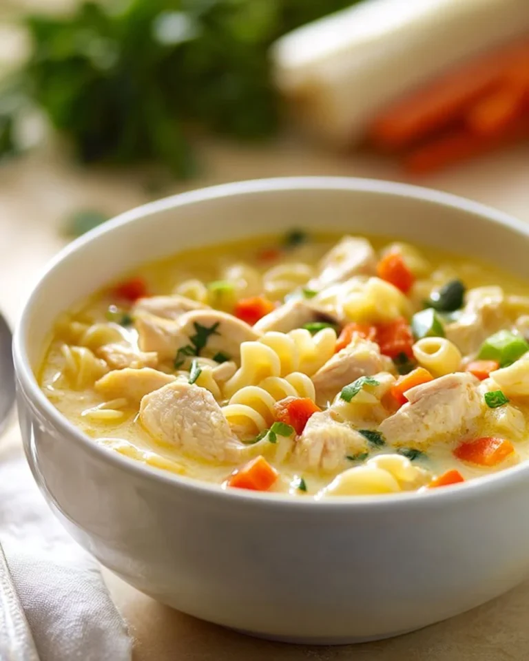 Bowl of creamy chicken pasta soup with herbs and vegetables