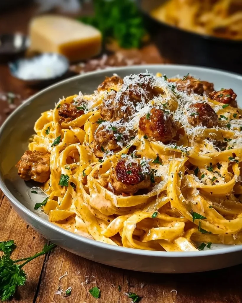 Creamy Garlic Parmesan Fettuccine with Sausage served in a bowl