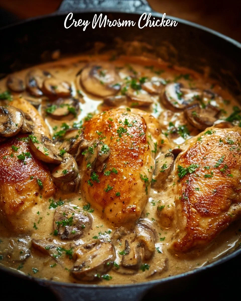 Creamy mushroom chicken served on a plate with fresh herbs and side vegetables.