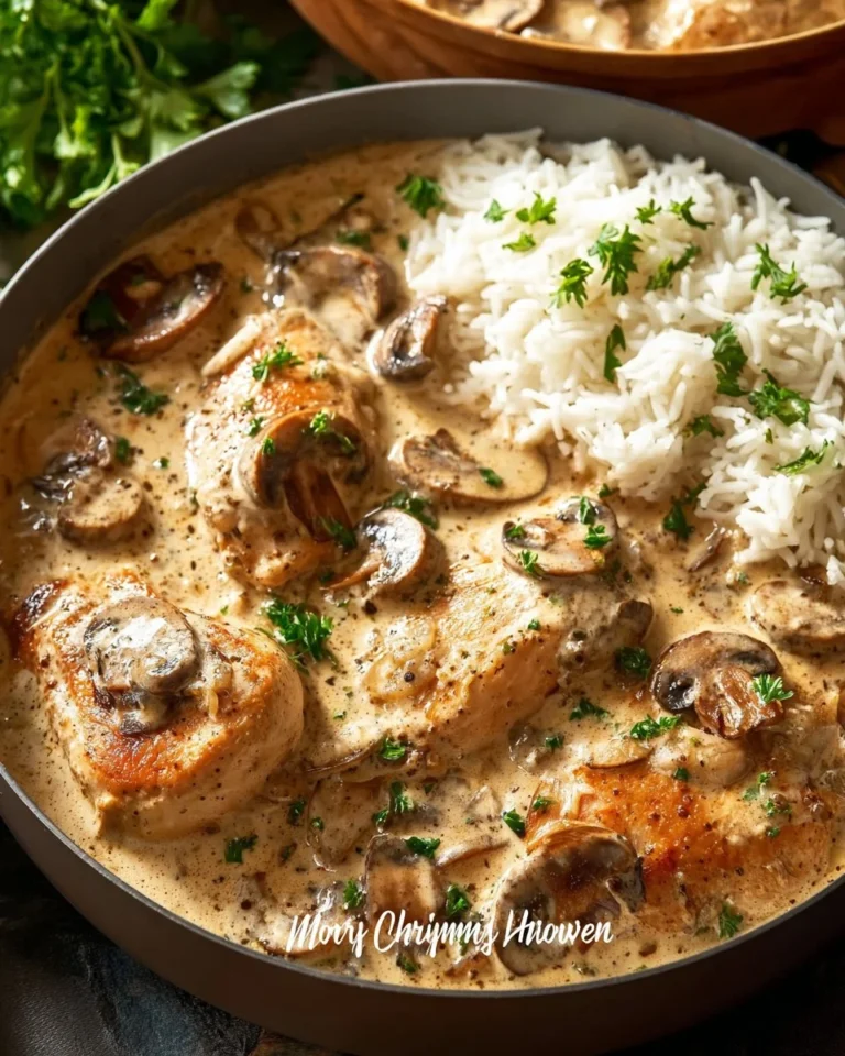 Creamy mushroom chicken served with herbs and spices on a white plate