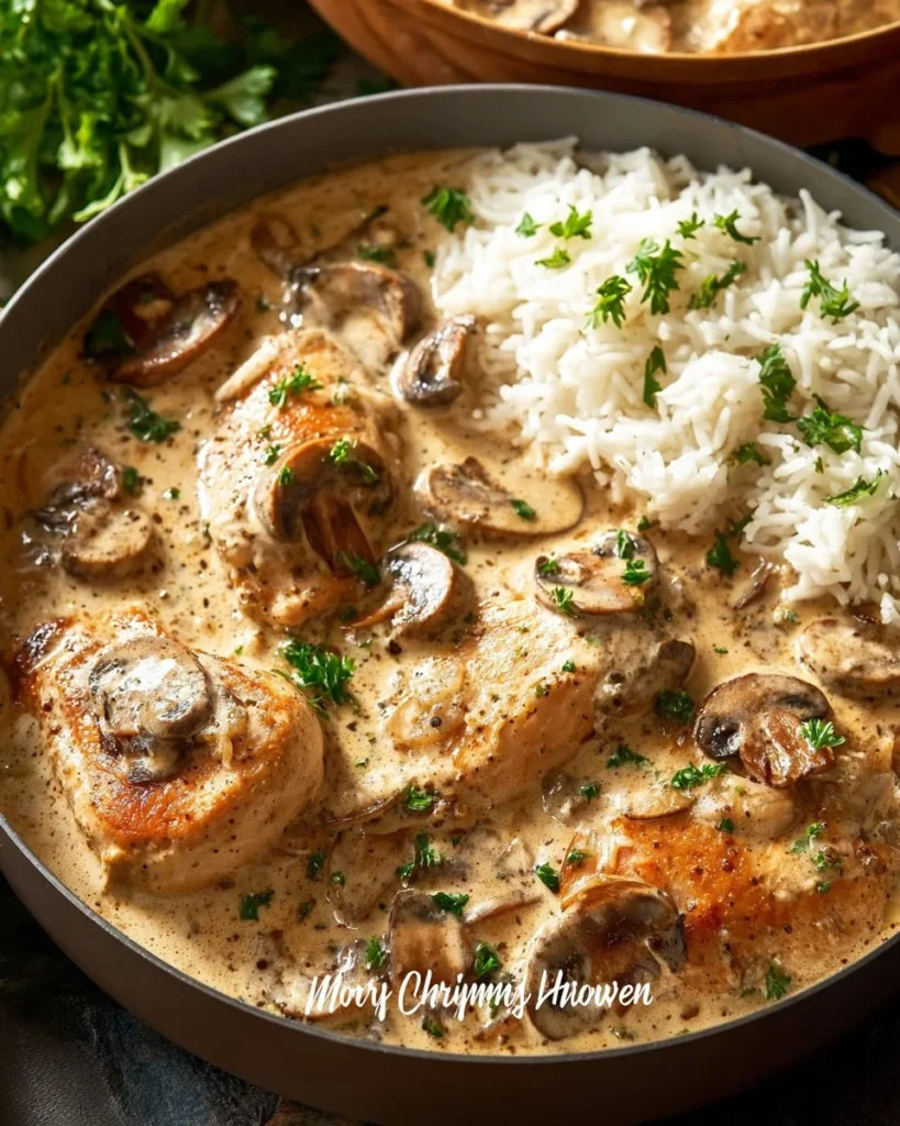 Creamy mushroom chicken served with herbs and spices on a white plate