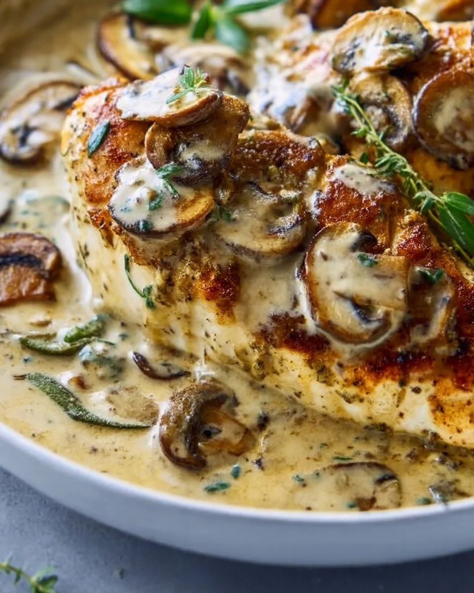 Delicious creamy mushroom chicken served on a plate with herbs