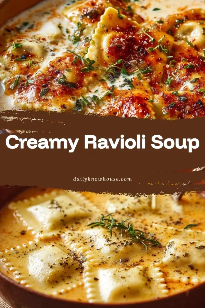 Bowl of creamy ravioli soup garnished with herbs and parmesan cheese