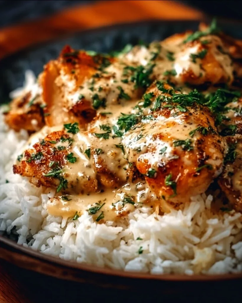 Delicious creamy smothered chicken served with rice
