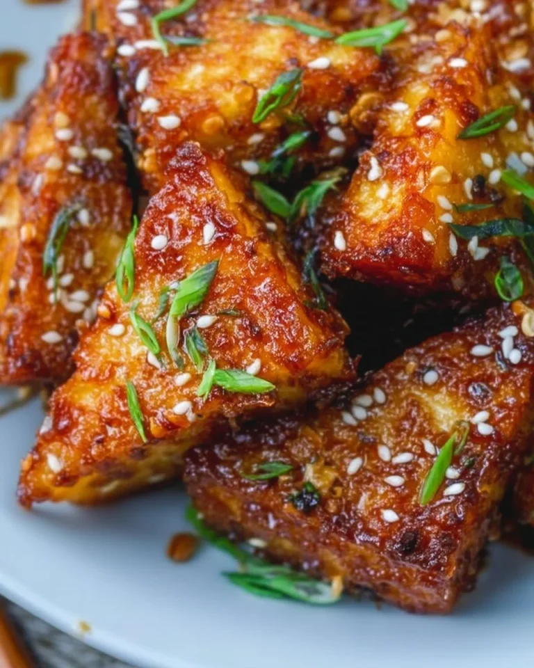 Plate of crispy sticky tofu garnished with herbs and served with a side dish